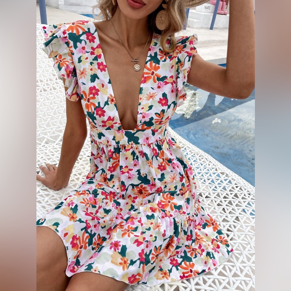 SHEIN White Floral Mini Dress with Pink Orange and Green Accents